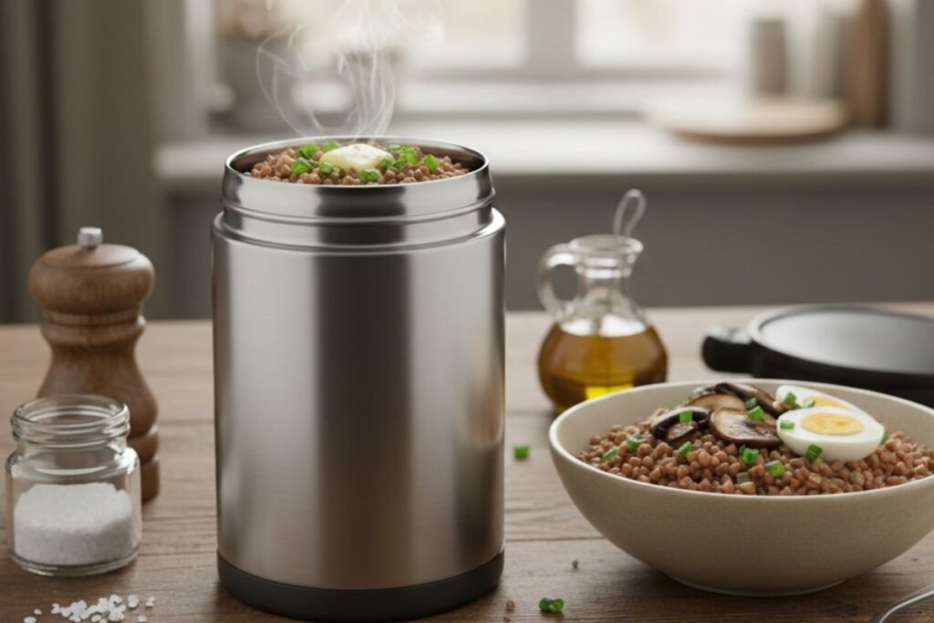 Grikių košė termose – sveiki ir sotūs pusryčiai be jokio rytinio skubėjimo.